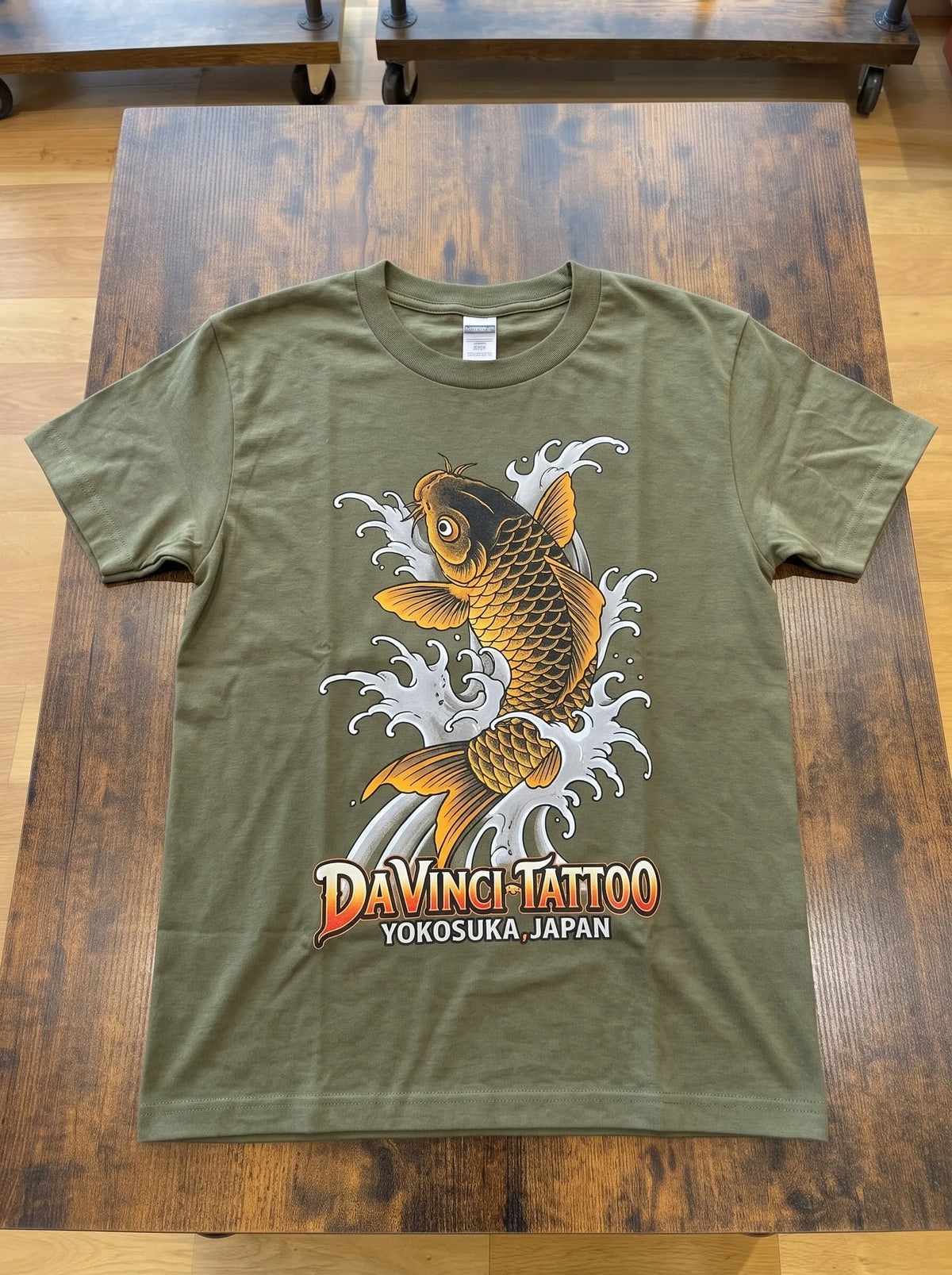 Da Vinci SAMPLE PRINT Green Shirt Koi FIsh Irezumi Waves Yokosuka Japan