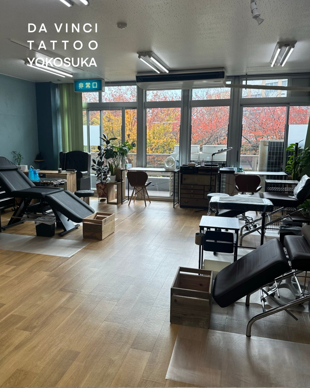 Inside Da Vinci Tattoo Yokosuka showing clean tattoo stations, wooden floors, and large windows overlooking bright autumn trees. Modern tattoo studio in Yokosuka near the US Navy Base with a calm seasonal view.