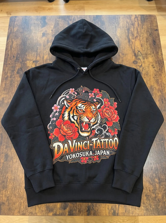 Da Vinci SAMPLE PRINT Black Hoodie Yokosuka Japan Tiger, Peonie, Cherry Blossoms