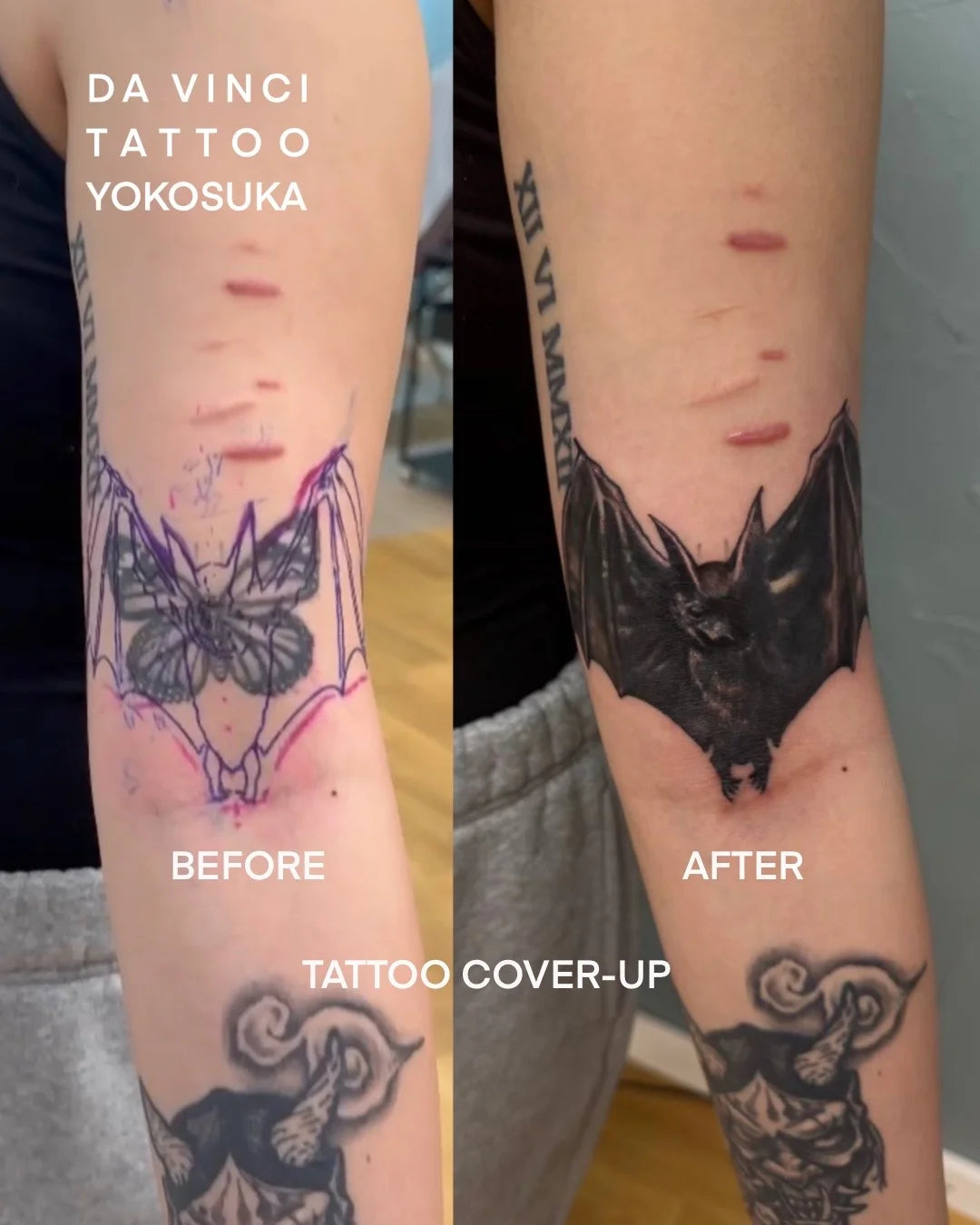 Da Vinci Tattoo Yokosuka Before-and-after comparison of a tattoo cover-up on a person's forearm. Left side shows partially healed scratch mark with purple stencil on old butterfly tattoo, labeled 'BEFORE. Right side shows tattoo result