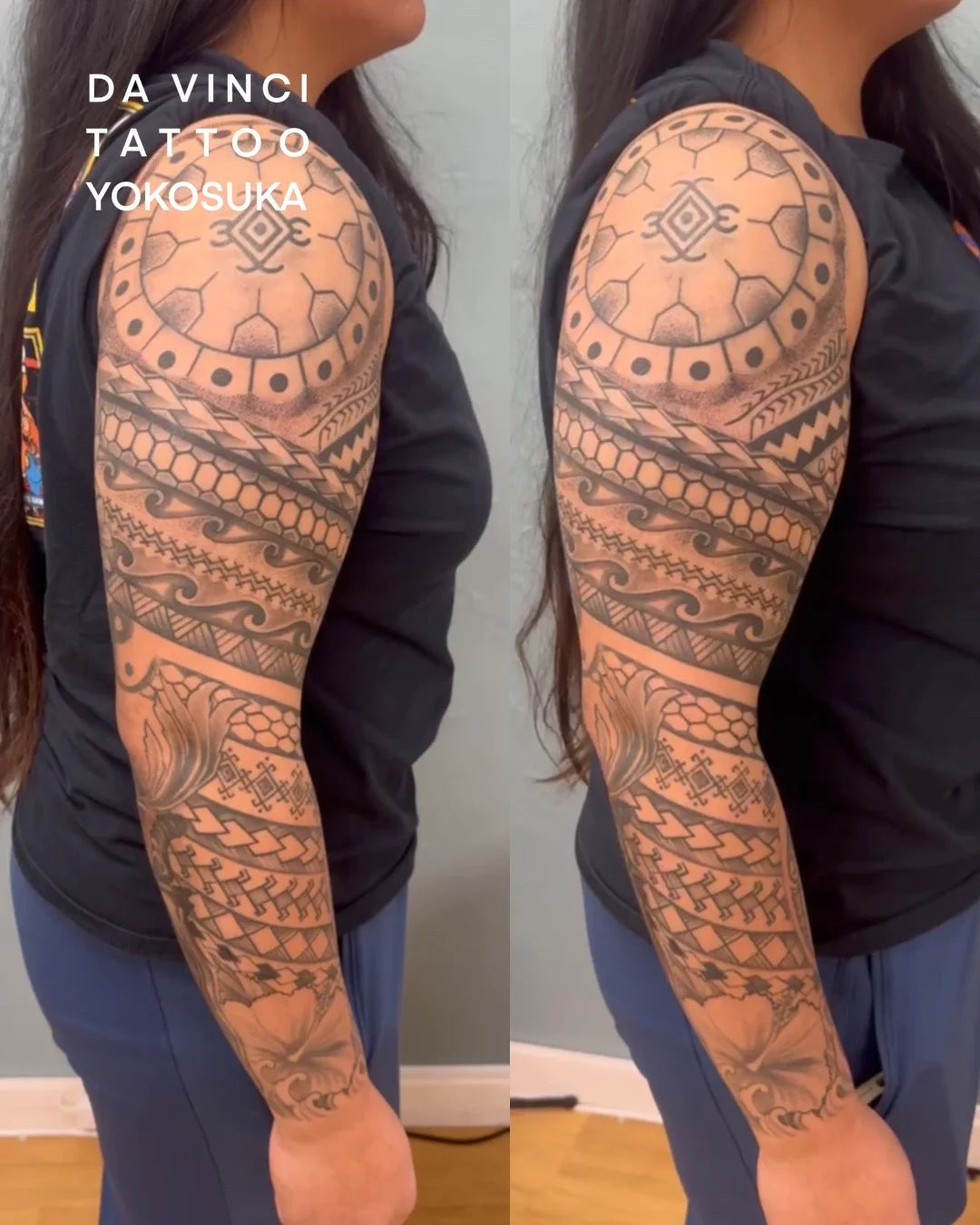Da Vinci Tattoo Yokosuka custom tribal sleeve tattoo with geometric patterns, dot work, and black and gray shading, Polynesian
