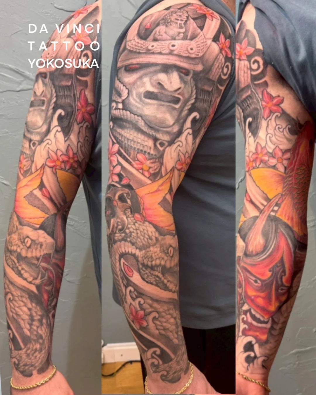 A full-sleeve Japanese-style tattoo on a person's arm, shown in a three-panel close-up. The Irezumi sleeve features a gray samurai helmet, red flowers, a snake, hannya mask and a red koi fish.